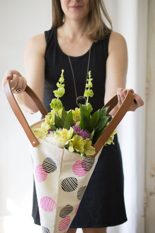 Hand-Stamped Tote with Leather Handles! Designed and made by *a happy stitch*
