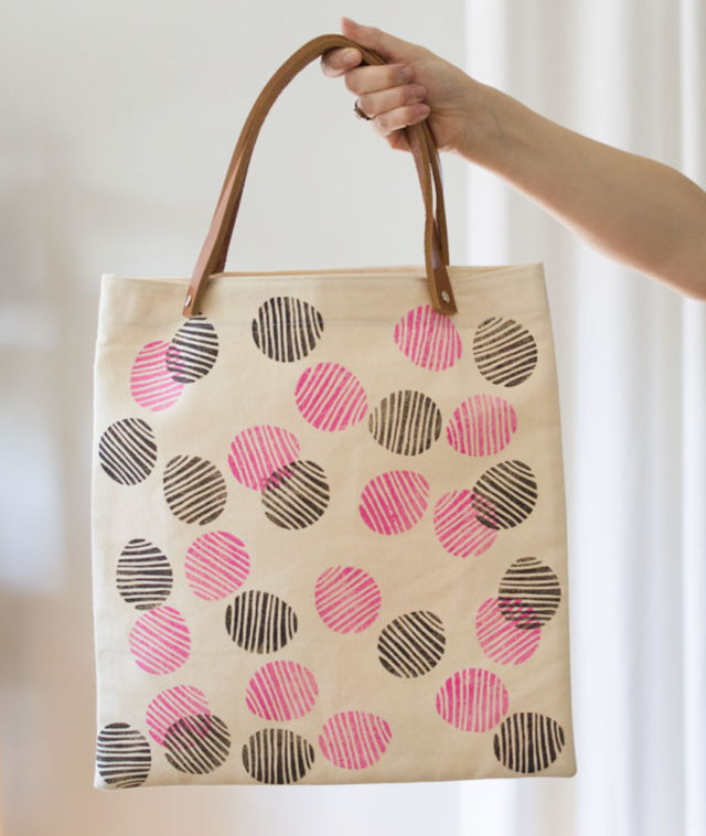 Hand-Stamped Tote with Leather Handles! Designed and made by *a happy stitch*